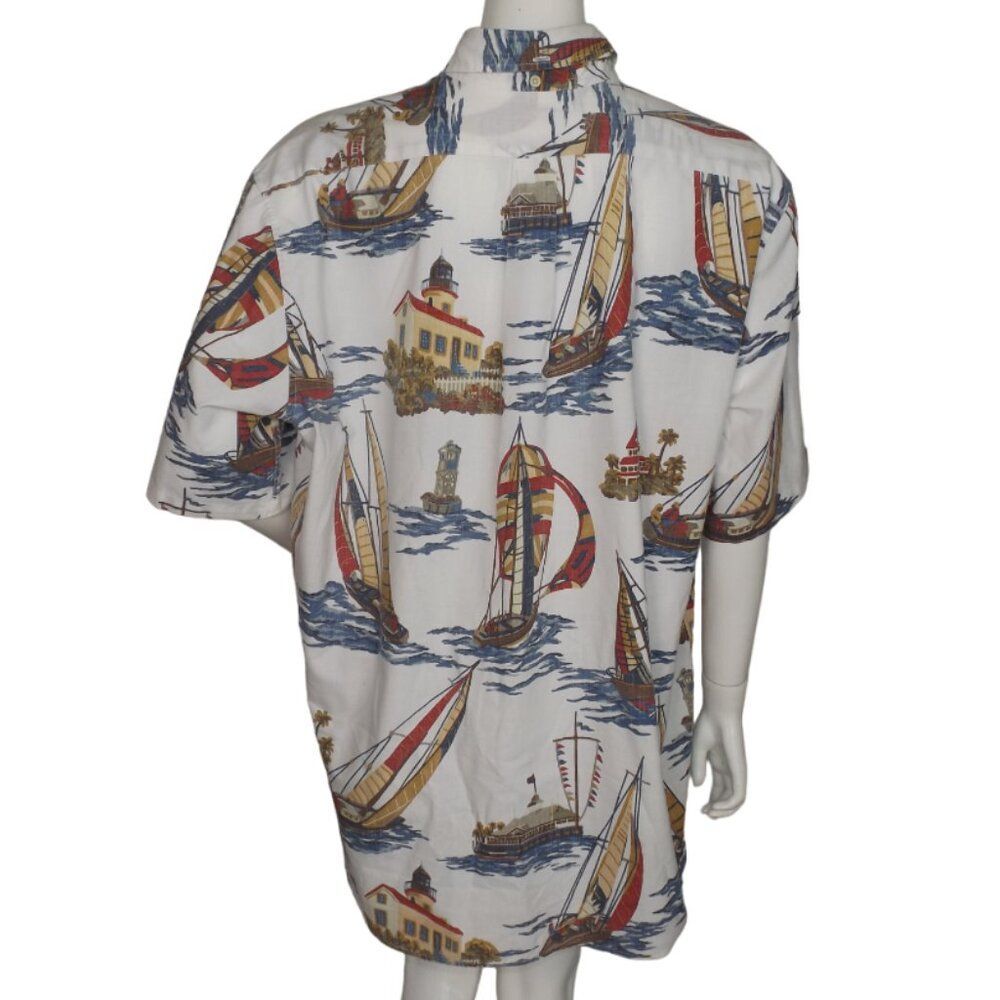 REYN SPOONER Hawaiian Shirt, XXL, White/Multicolor Sailboats, Cotton, Short slv - Picture 5 of 10